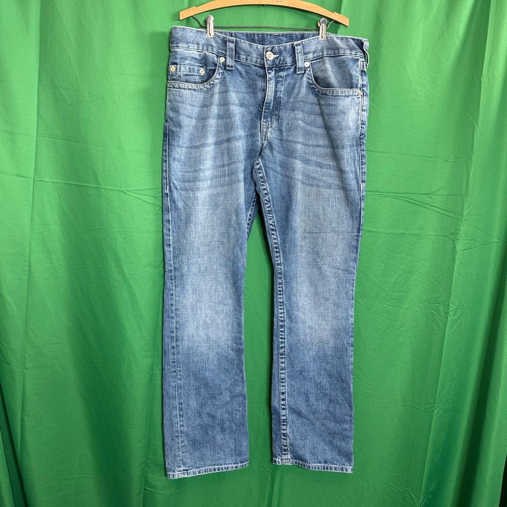 TRUE RELIGION logo embroidered blue jeans